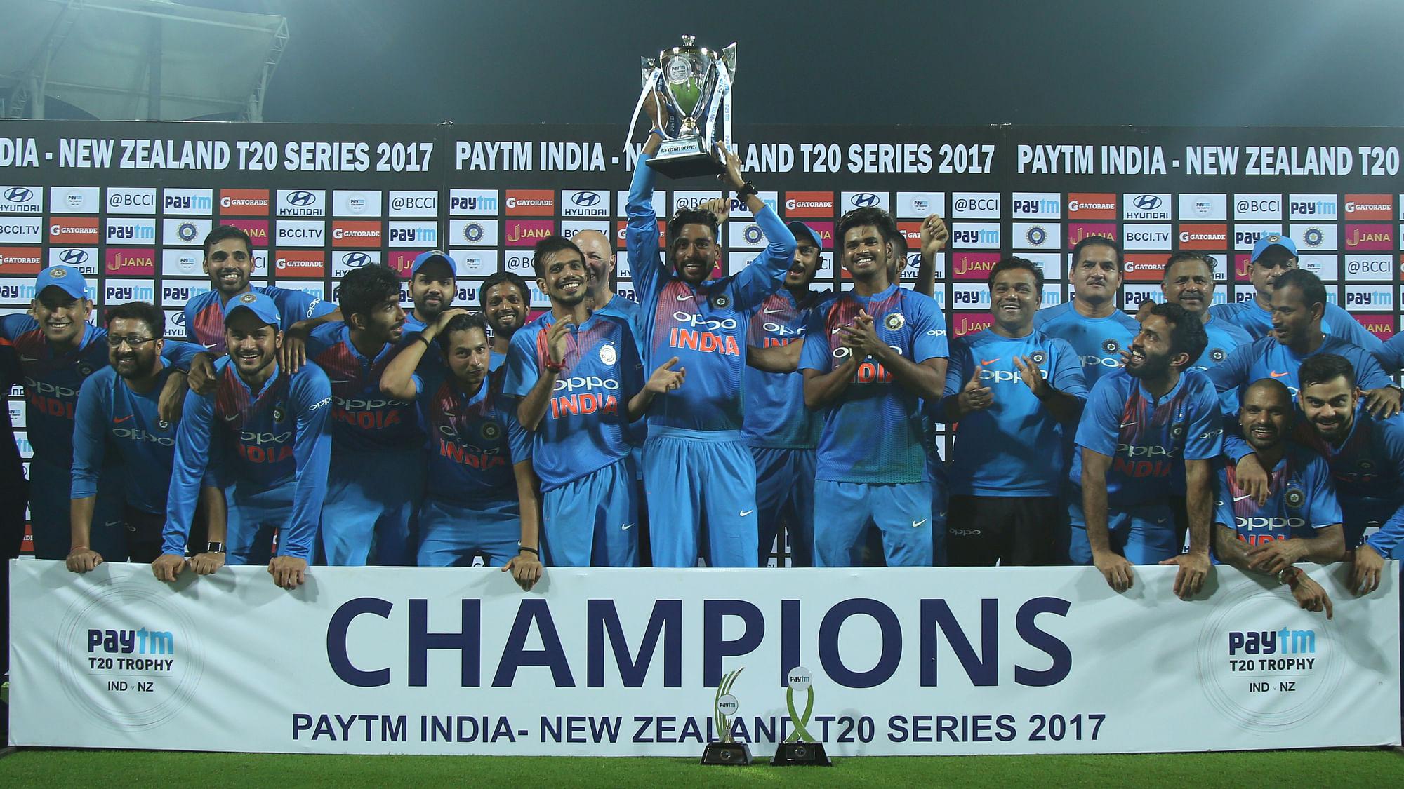 The Indian team poses for a photograph after winning the T20 series against New Zealand.