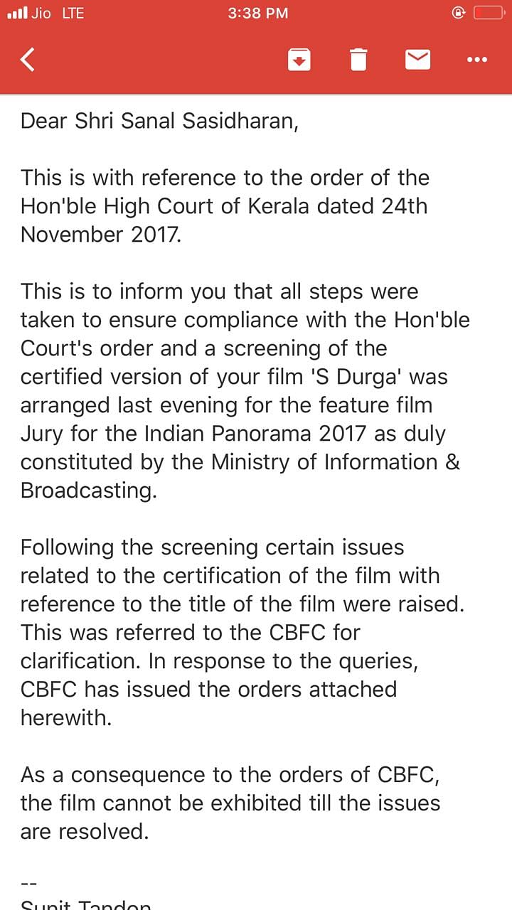 CBFC withdraws its certification of ‘S Durga’ on technical grounds, the film needs to be re-examined it says.