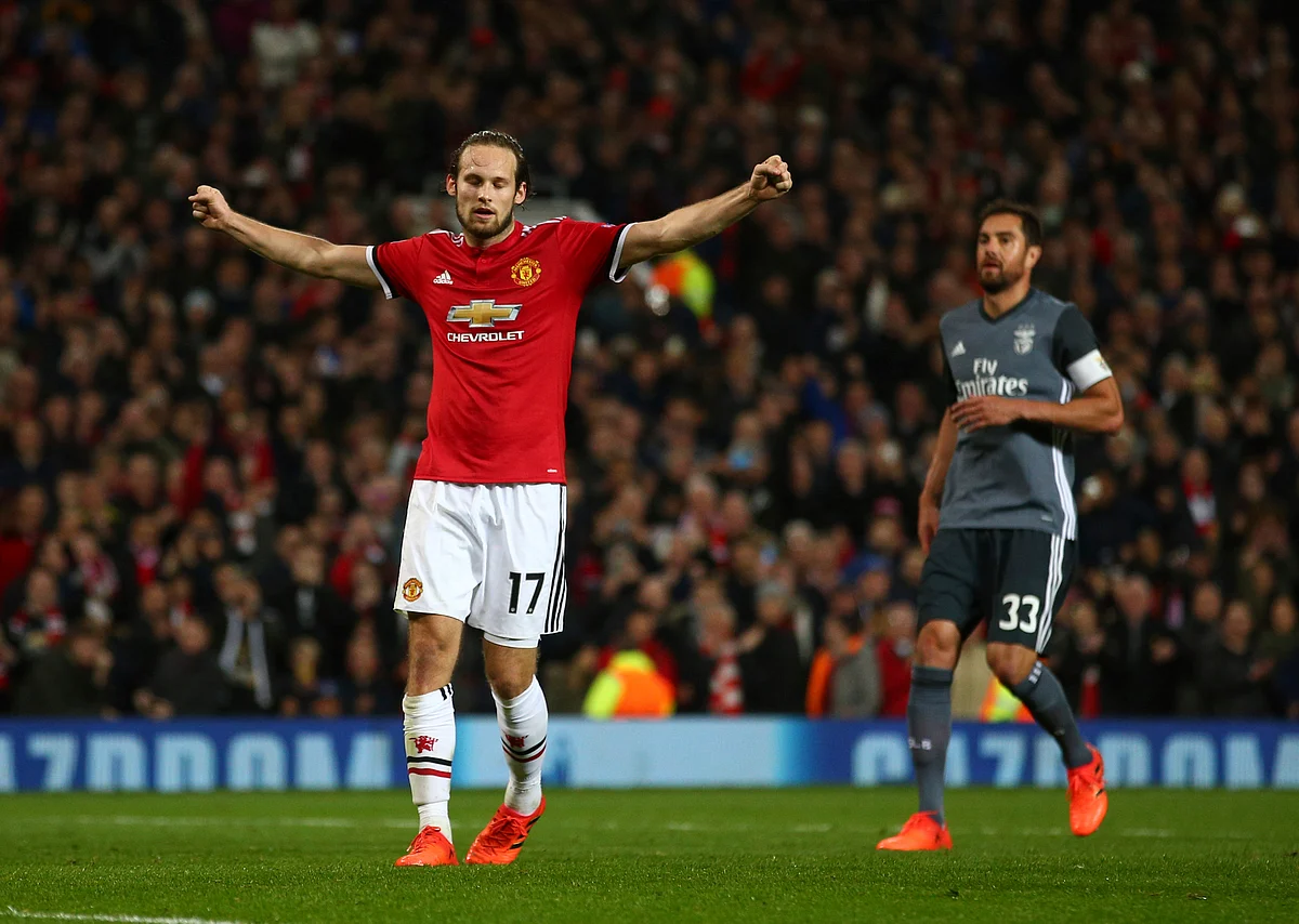 Manchester United’s Daley Blind celebrates after scoring his side’s second goal against Benfica.