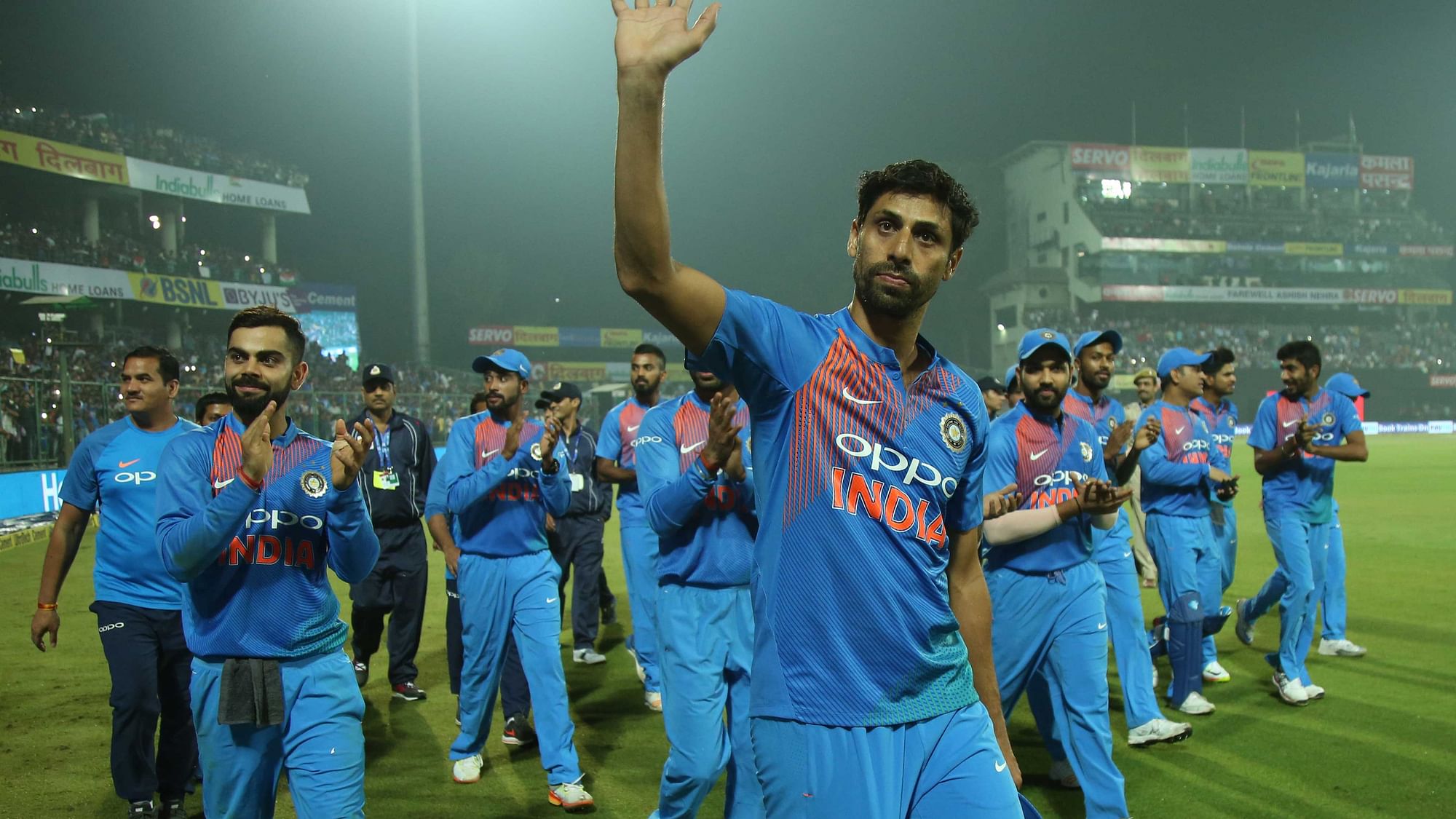 Ashish Nehra of India acknowledges the crowd during the 1st T20I match between India and New Zealand held at the Feroz Shah Kotla Stadium in New Delhi