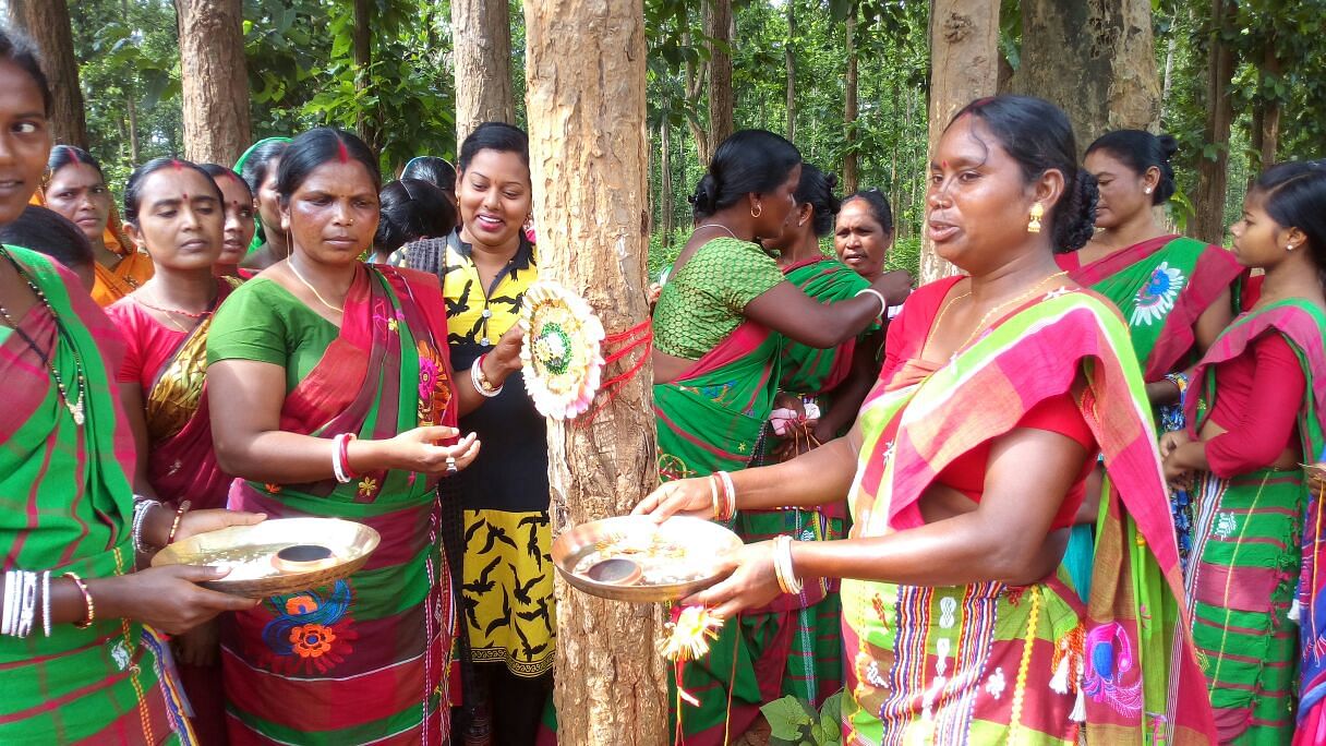  Jamuna (the one tying the rakhi) and other women tie rakhis to sal trees in the forest on the occassion of Raksha Bandhan pledging to protect them.