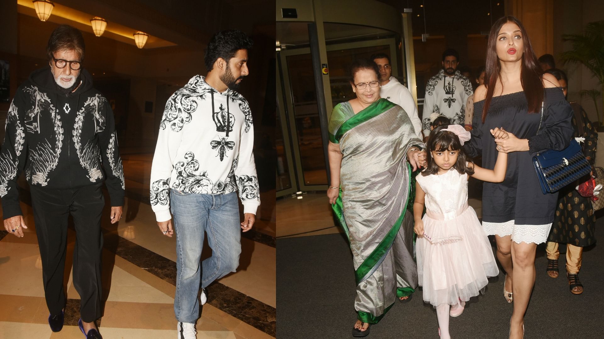 Amitabh and Abhishek Bachchan spotted at a hotel; also seen were Aishwarya Rai, Aaradhya with Aishwarya’s mom Brindya Rai.&nbsp;