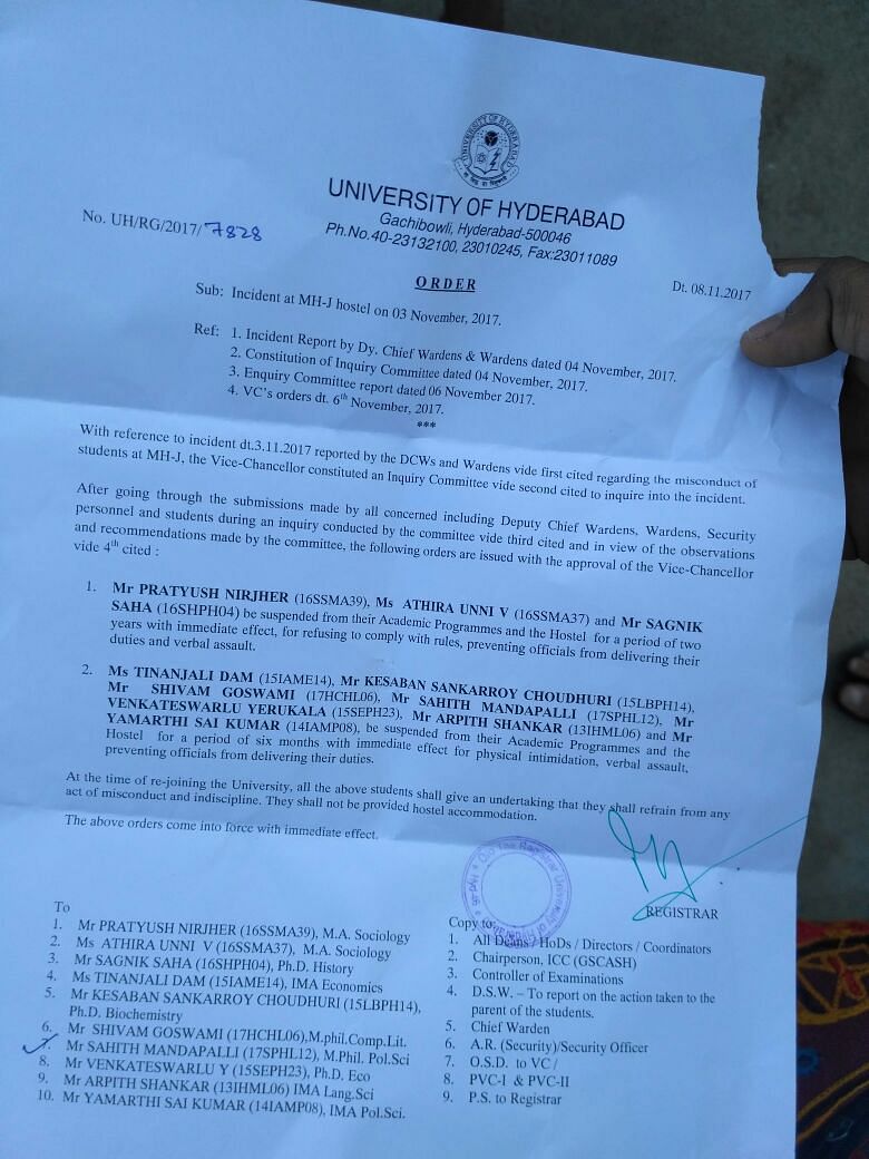 Ten students were suspended from the University of Hyderabad, allegedly for verbal and physical misconduct.