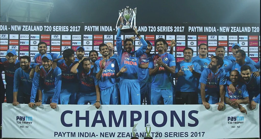 The Indian team poses for a photograph after winning the T20 series against New Zealand.