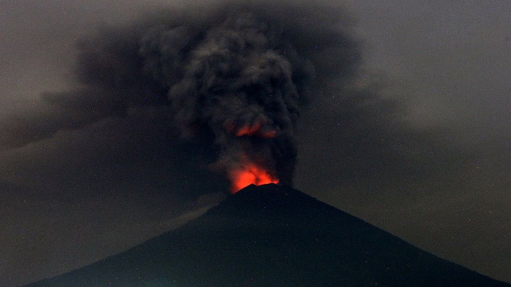 A view of Mount Agung volcano erupting in Karangasem in Bali, Indonesia on Monday.