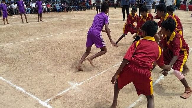 A Kabaddi match being held in the newly converted court in Bengaluru’s Seegehalli.