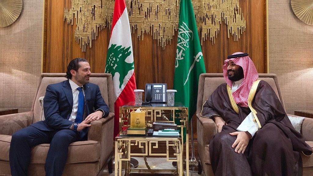 Saudi Crown Prince Mohammed bin Salman, right, meets with Lebanese Prime Minister Saad Hariri in Riyadh, Saudi Arabia, on 30 October.&nbsp;