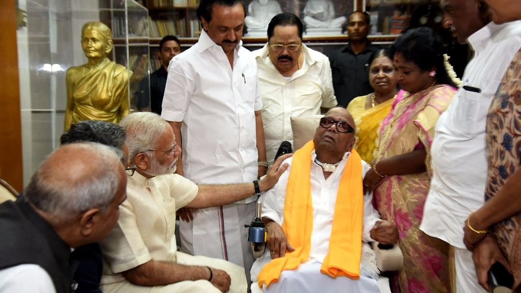 File image of PM Narendra Modi meets ailing DMK chief Karunanidhi.