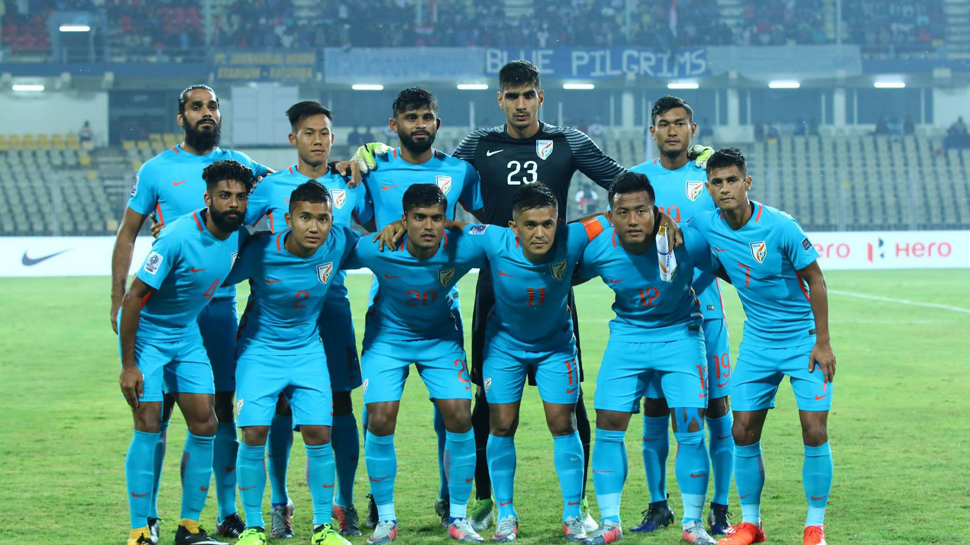 The Indian team stand for a picture before the start of the match.&nbsp;