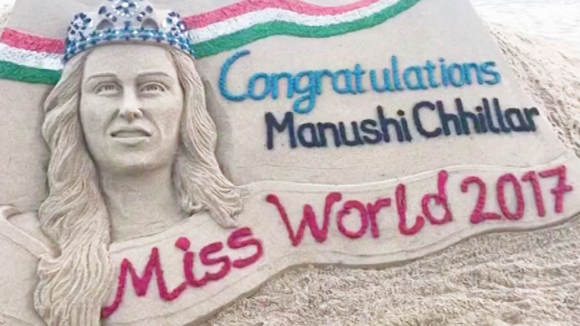 Famous sand artist Sudarsan Pattnaik sculpts sand art of Miss World 2017.