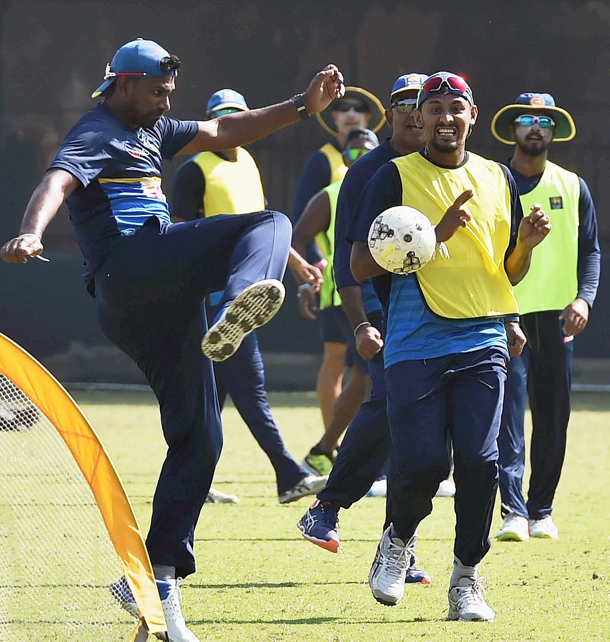 Kolkata: Sri Lankan cricketers play football during a practice esession at Salt Lake in Kolkata on Thursday