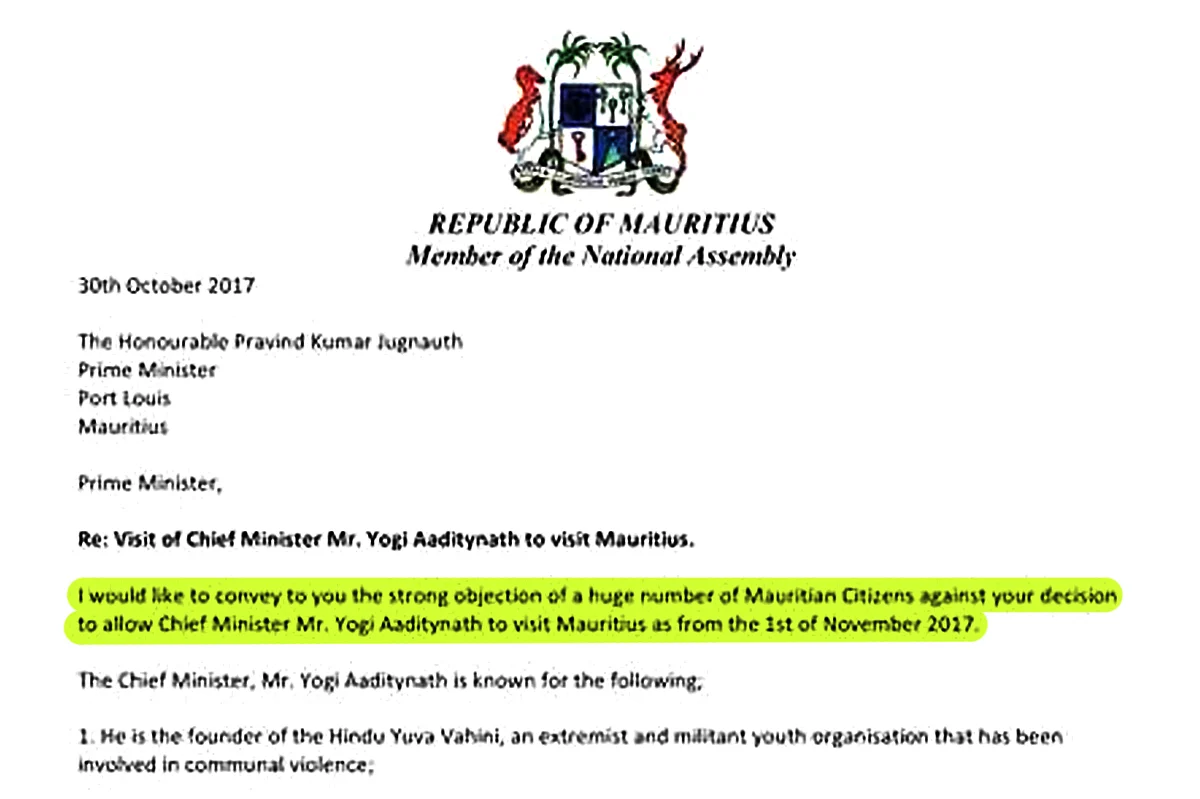 Screenshot of the letter by National Assembly Member, Shakeel Mohamed