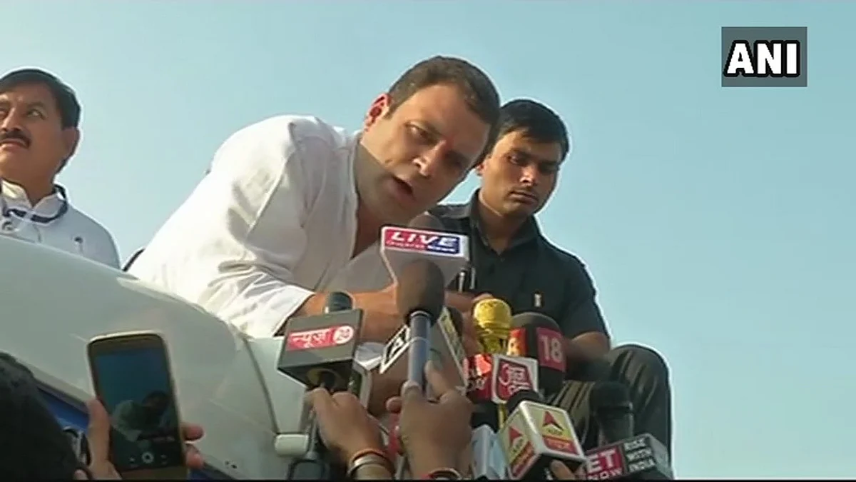 Rahul Gandhi speaking to the media in Bharuch, Gujarat.