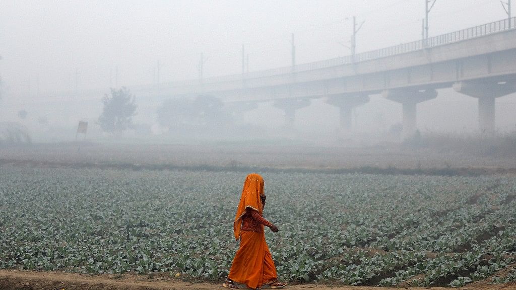 A woman walks across a field on a smoggy morning in New Delhi.