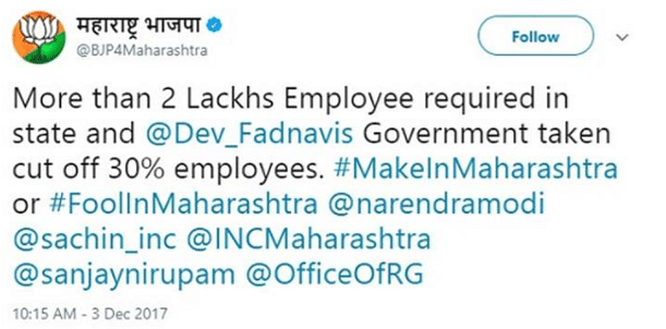 The tweet criticised the state government’s policy towards job creation.