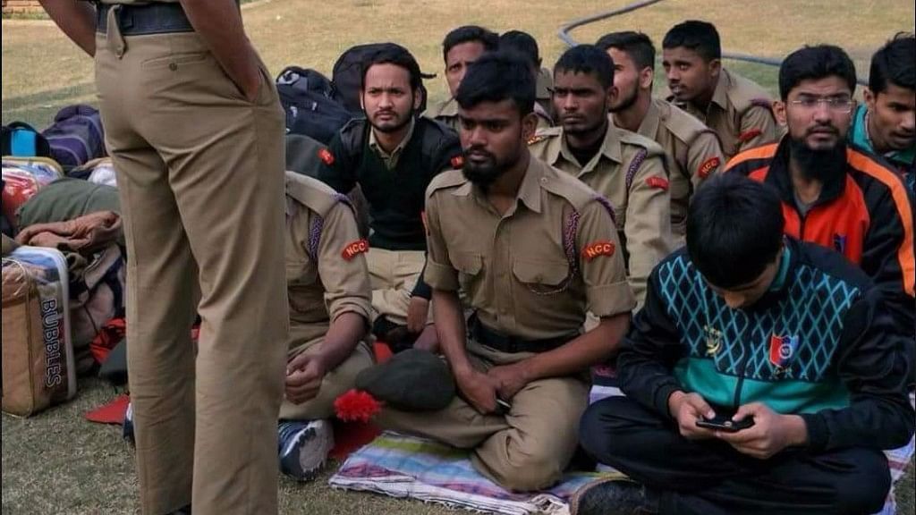 NCC cadets from Jamia Milia Islamia sit in protest after being debarred from a camp over refusing to grow beard.