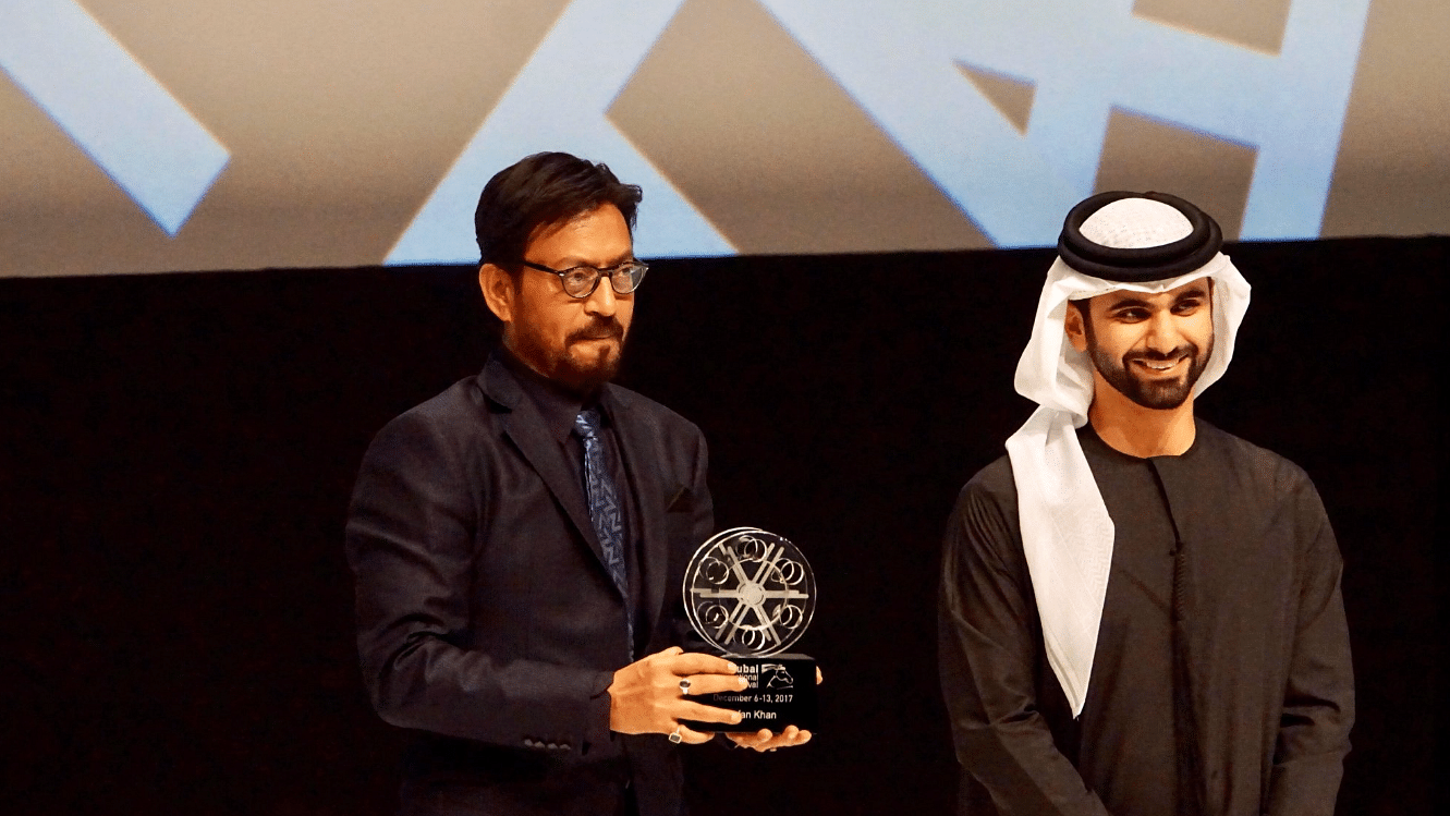 Irrfan Khan accepting the Honorary Award at the opening night gala of the Dubai International Film Festival (DIFF).