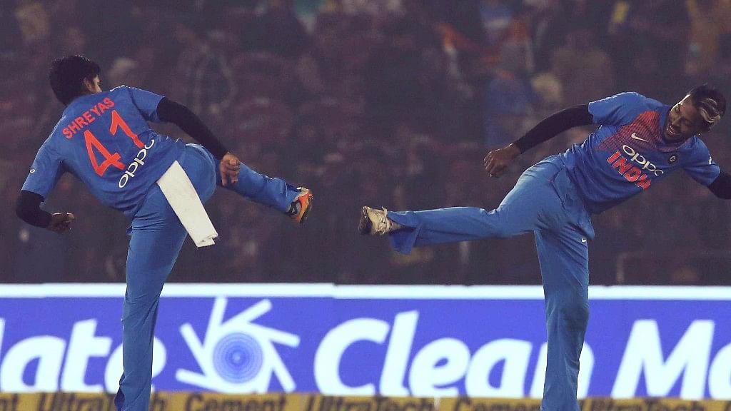 Hardik Pandya and Shreyas Iyer of India celebrates the wicket of Dushmantha Chameera of Sri Lanka during the first International T20 match (T20i) held at the the Barabati Stadium, Cuttack between India and Sri Lanka.