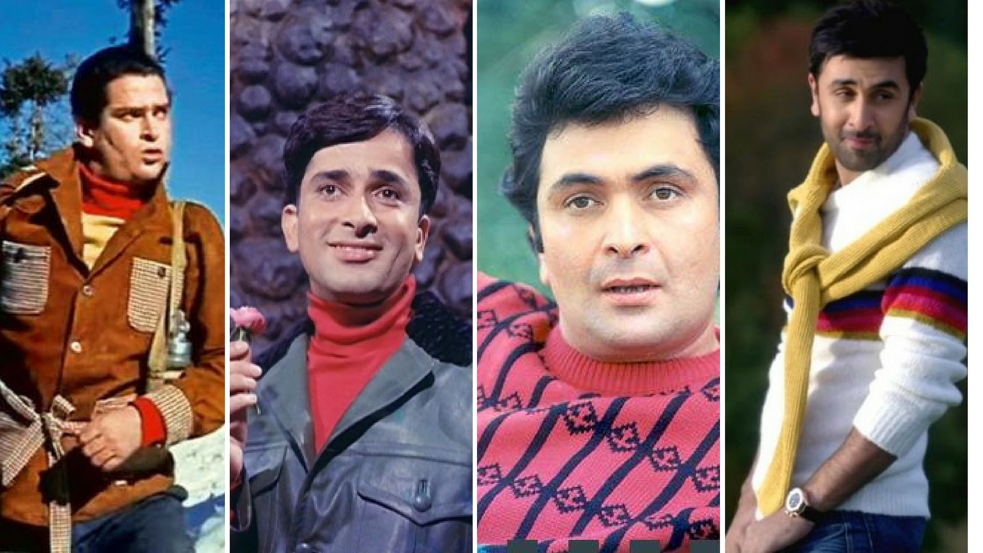 Shammi Kapoor, Shashi Kapoor, Rishi Kapoor and Ranbir Kapoor setting winter fashion trends.&nbsp;