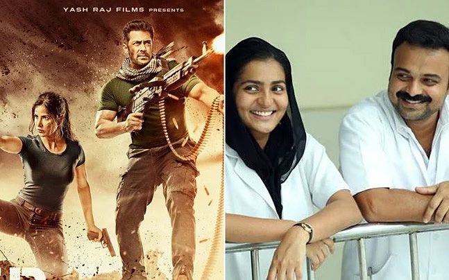<p>The poster of <i>Tiger Zinda Hai</i> juxtaposed against a scene from <i>Take Off.</i></p>