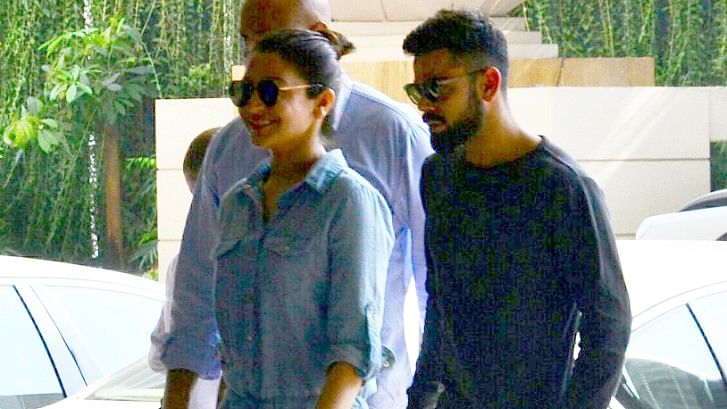 Anushka Sharma and Virat Kohli, just before the Mumbai Reception kicks off.&nbsp;