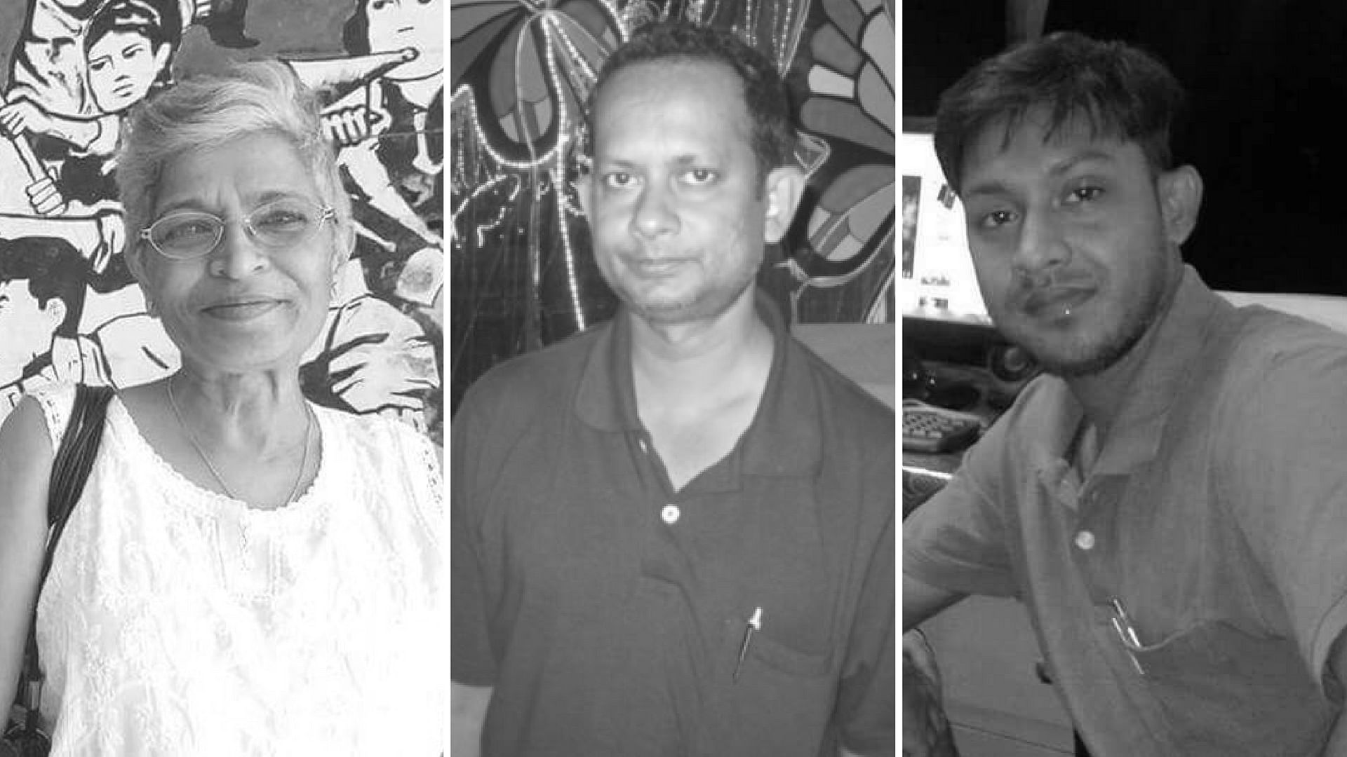 <p>(Left to right) Journalists Gauri Lankesh, Sudip Datta and Santanu Bhowmik.</p>