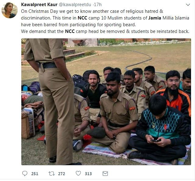 10 students of Jamia Millia Islamia alleged that they were barred from a NCC camp for refusing to shave their beards