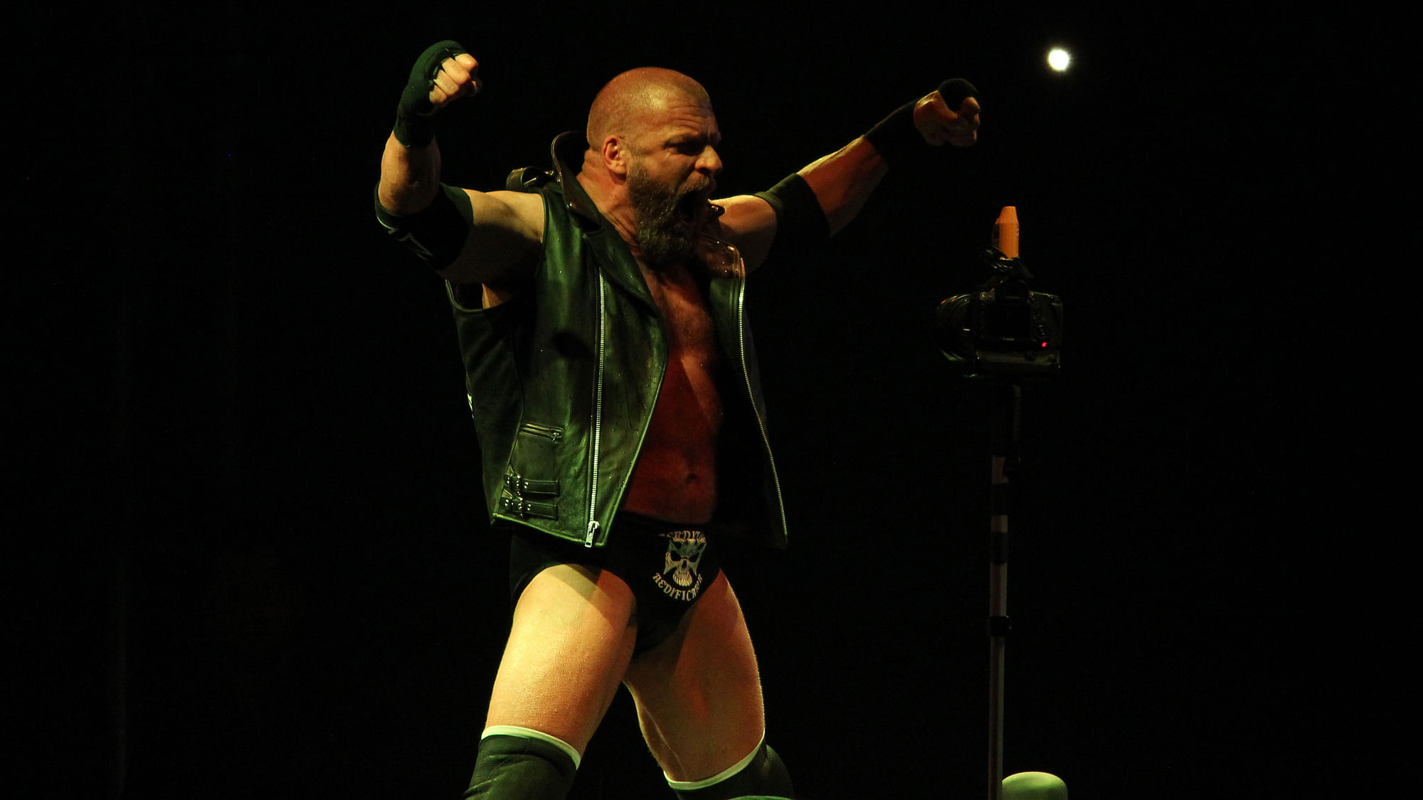 Triple H makes his entry before his fight against Jinder Mahal.