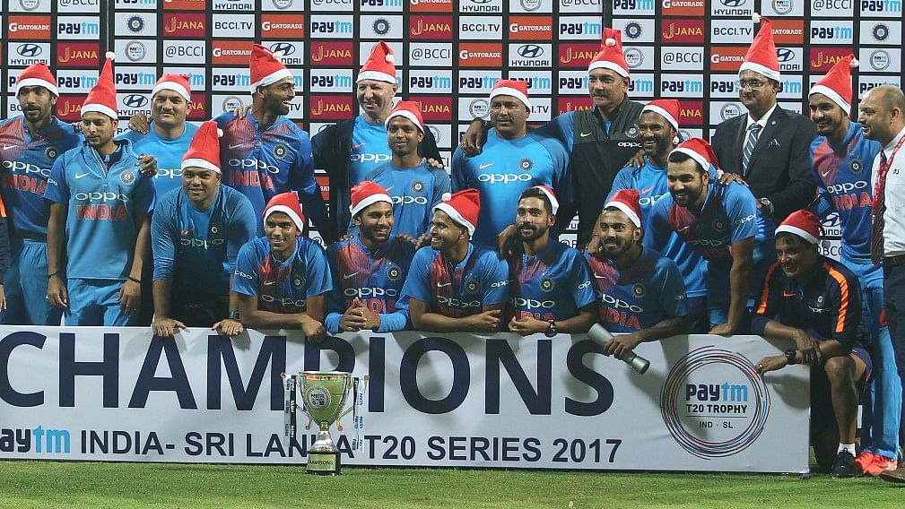 The Indian team pose for a photograph after beating Sri Lanka 3-0 in the T20 series.