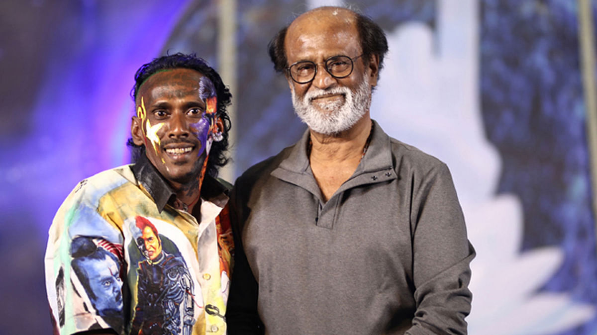 Tattoos, body paint, and scraped top layer of skin to draw Rajini’s face with blood.