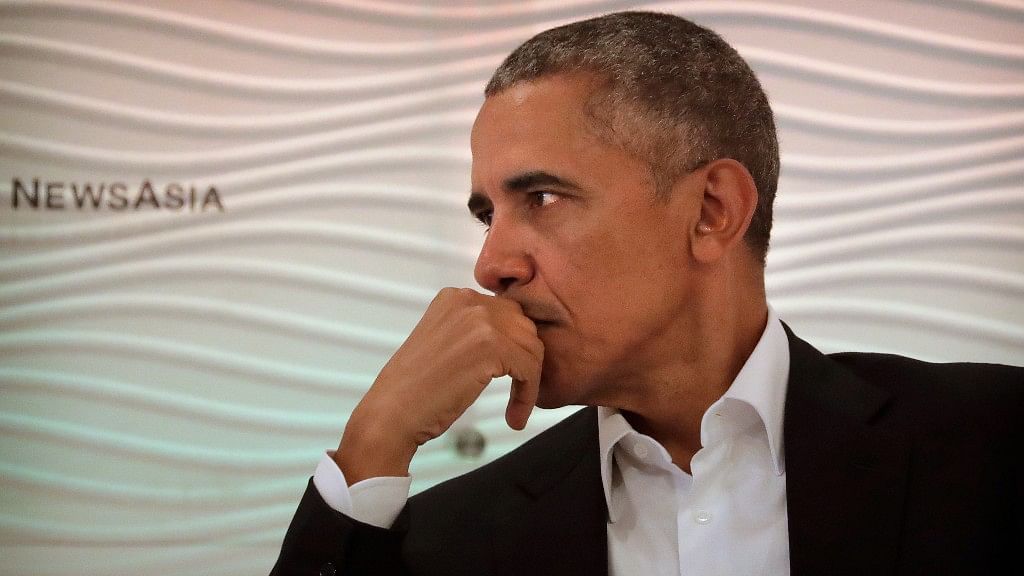 Former US President Barack Obama listens to a question during the <i>Hindustan Times</i> leadership summit in New Delhi on 1 December 2017.