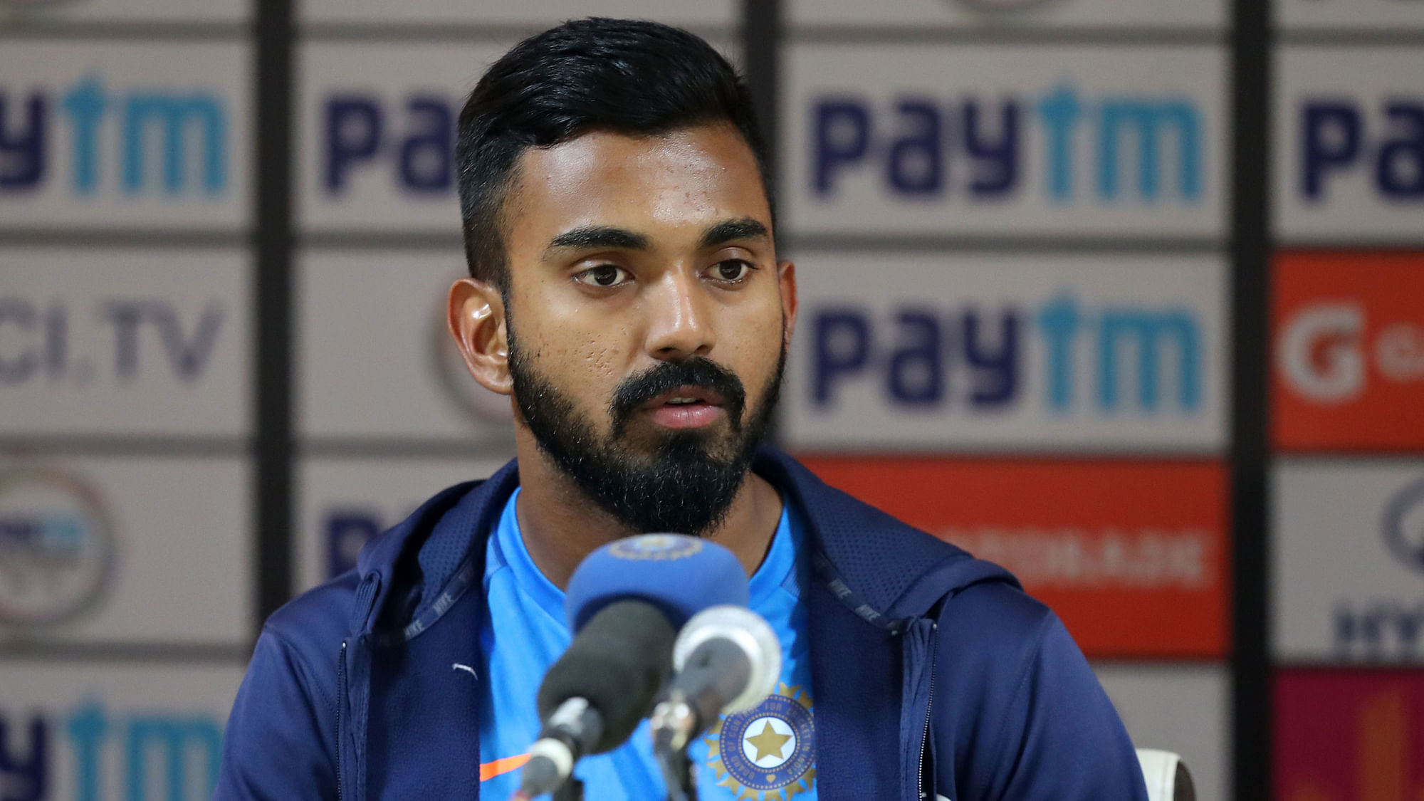 KL Rahul speaks to the media after the first T20 against Sri Lanka in Cuttack on Wednesday.