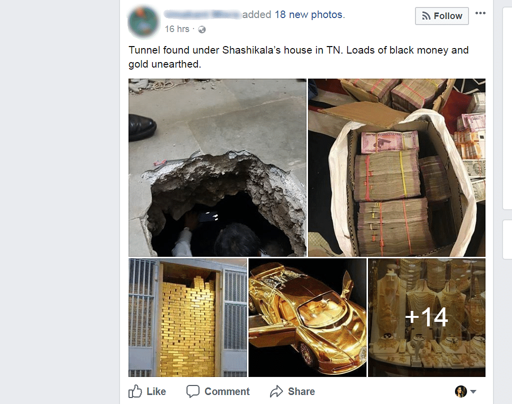 The photos claim that a significant amount of gold and cash was “unearthed” from a tunnel under VK Sasikala’s house.