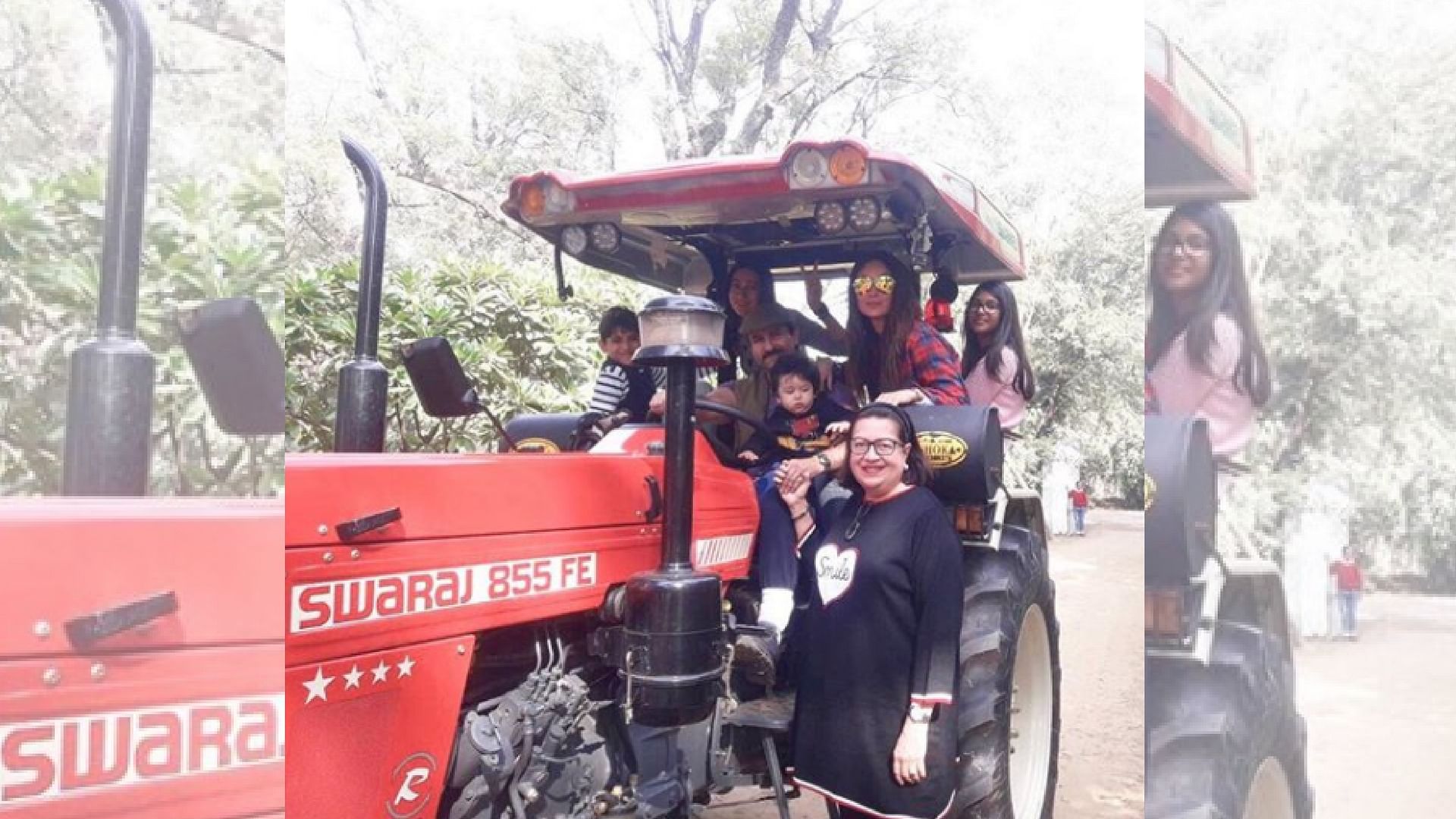 The Kapoor family takes a ride with Taimur and Saif Ali Khan on a tractor.