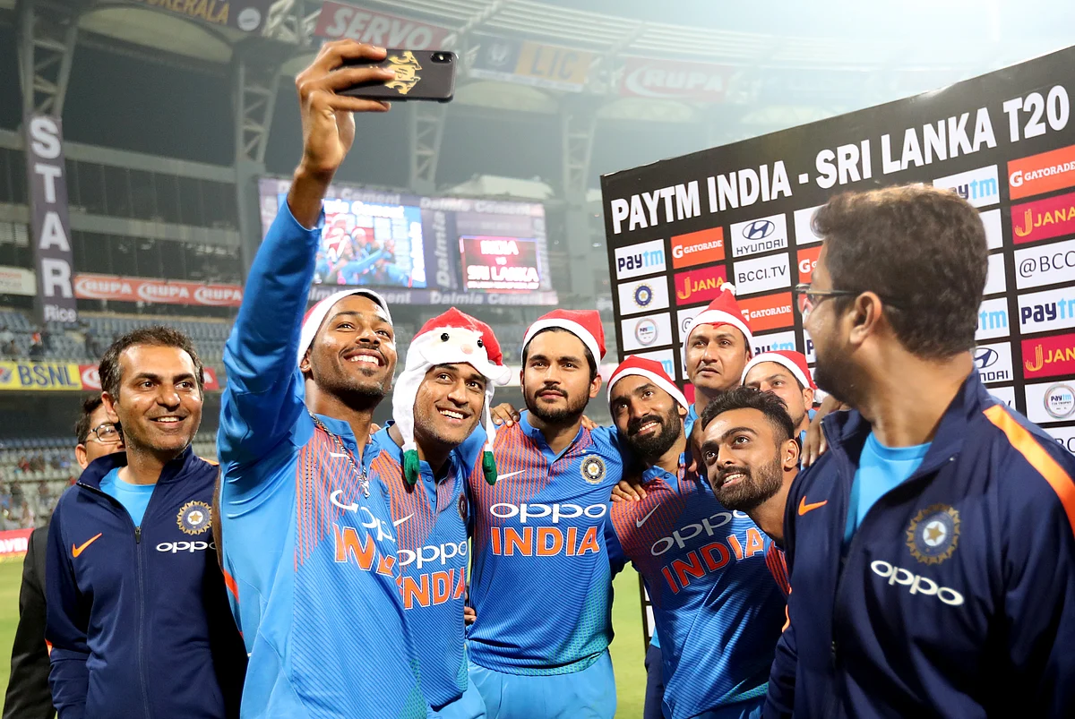 Indian cricket team celebrates after win.
