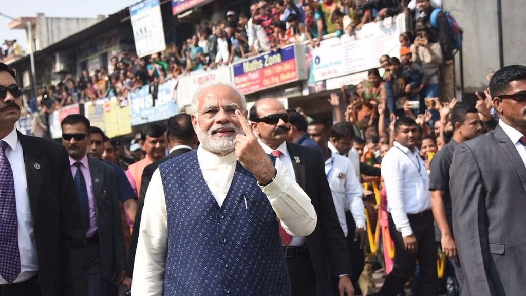 PM Narendra Modi after casting his vote on 14 December 2017 during the Gujarat Assembly Elections.