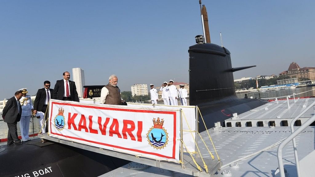 Prime Minister Narendra Modi at the commissioning ceremony of naval submarine INS Kalvari to the Indian Navy in Mumbai, 14 December, 2017.