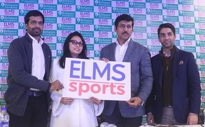 New Delhi: National badminton coach Pullela Gopichand, Union Sports Minister Rajyavardhan Singh Rathore and shooter Abhinav Bindra during the launch of ELMS Sports in New Delhi on Dec 19, 2017. (Photo: IANS)