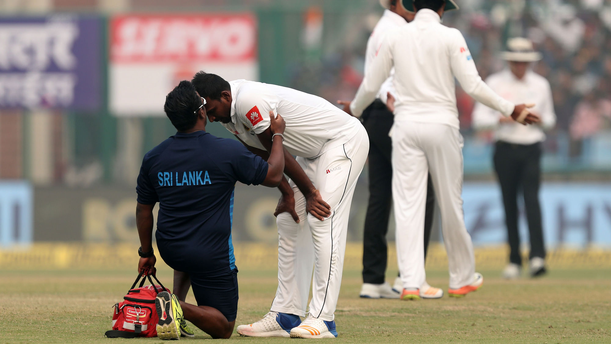About four overs after Lunch was taken, Sri Lankan bowler Lahiru Gamage appeared to be under the weather.