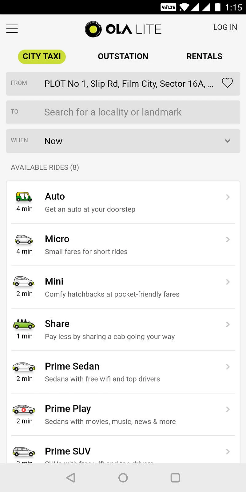 <p>Unlike the regular Ola app, this one greets you without the Maps interface. </p>