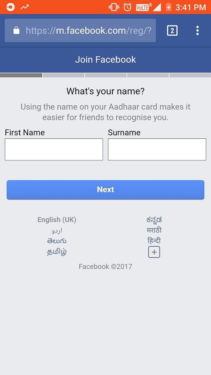Facebook had launched a test where it asked some new users to sign-up using the names found on their Aadhaar cards.