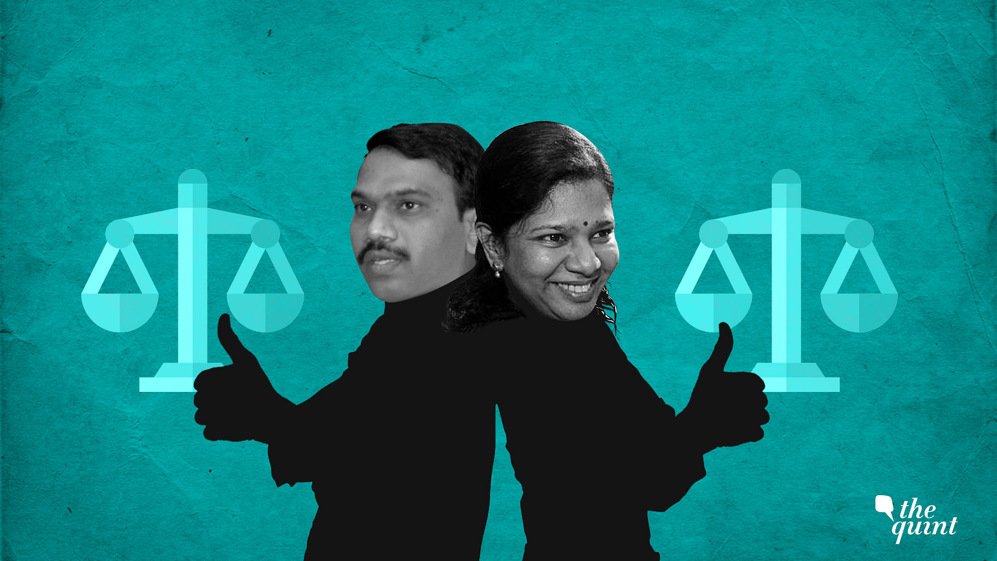 <p>A Raja (L) and M Kanimozhi (R).</p>