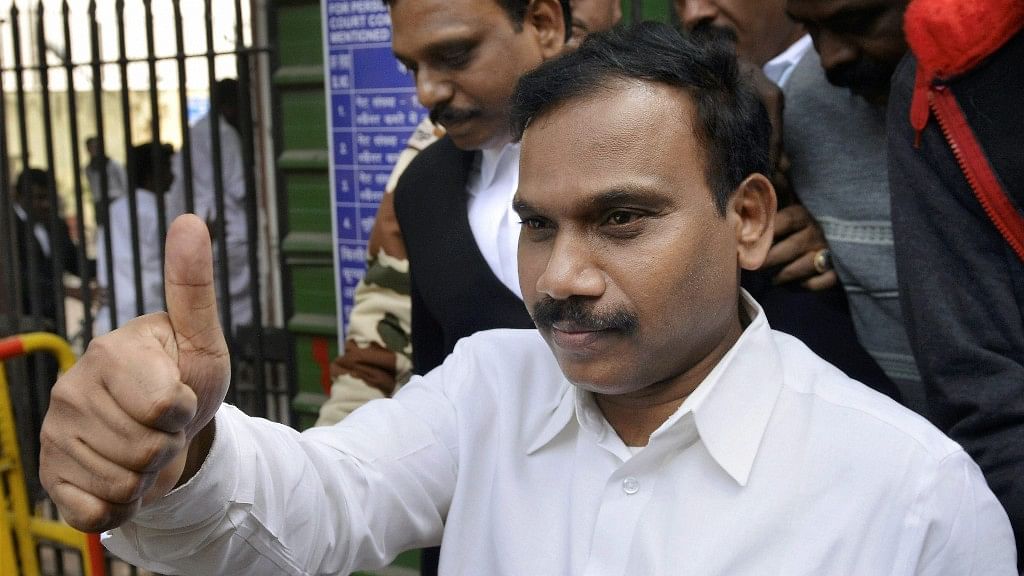 <p>A Raja reacts as he leaves the Patiala House Courts after his acquittal by a special court in the 2G scam case.</p>