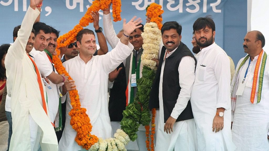  Congress Vice-President Rahul Gandhi being garlanded at an election campaign rally at Anjar in Kutch district of Gujarat on Tuesday.