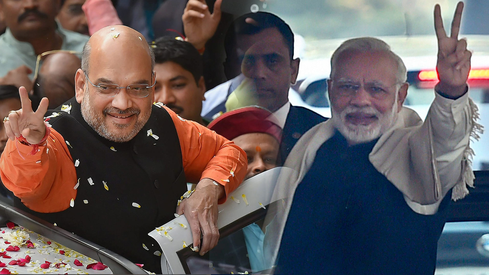 BJP wins Gujarat, Amit Shah and PM Modi show victory sign.