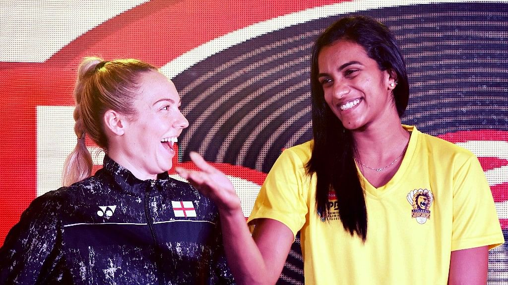 Players of Chennai Smashers PV Sindhu and Gabrielle Adcock at the launch of the team jersey, ahead of Premier Badminton League (PBL), in Chennai on Thursday.&nbsp;