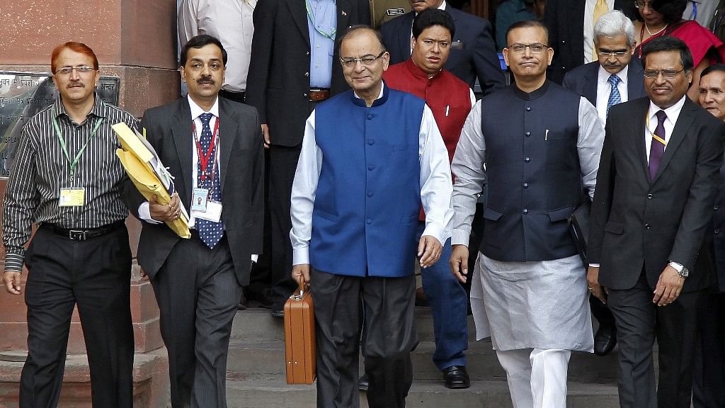 Finance minister Arun Jaitley arrives to present Budget at Parliament House.