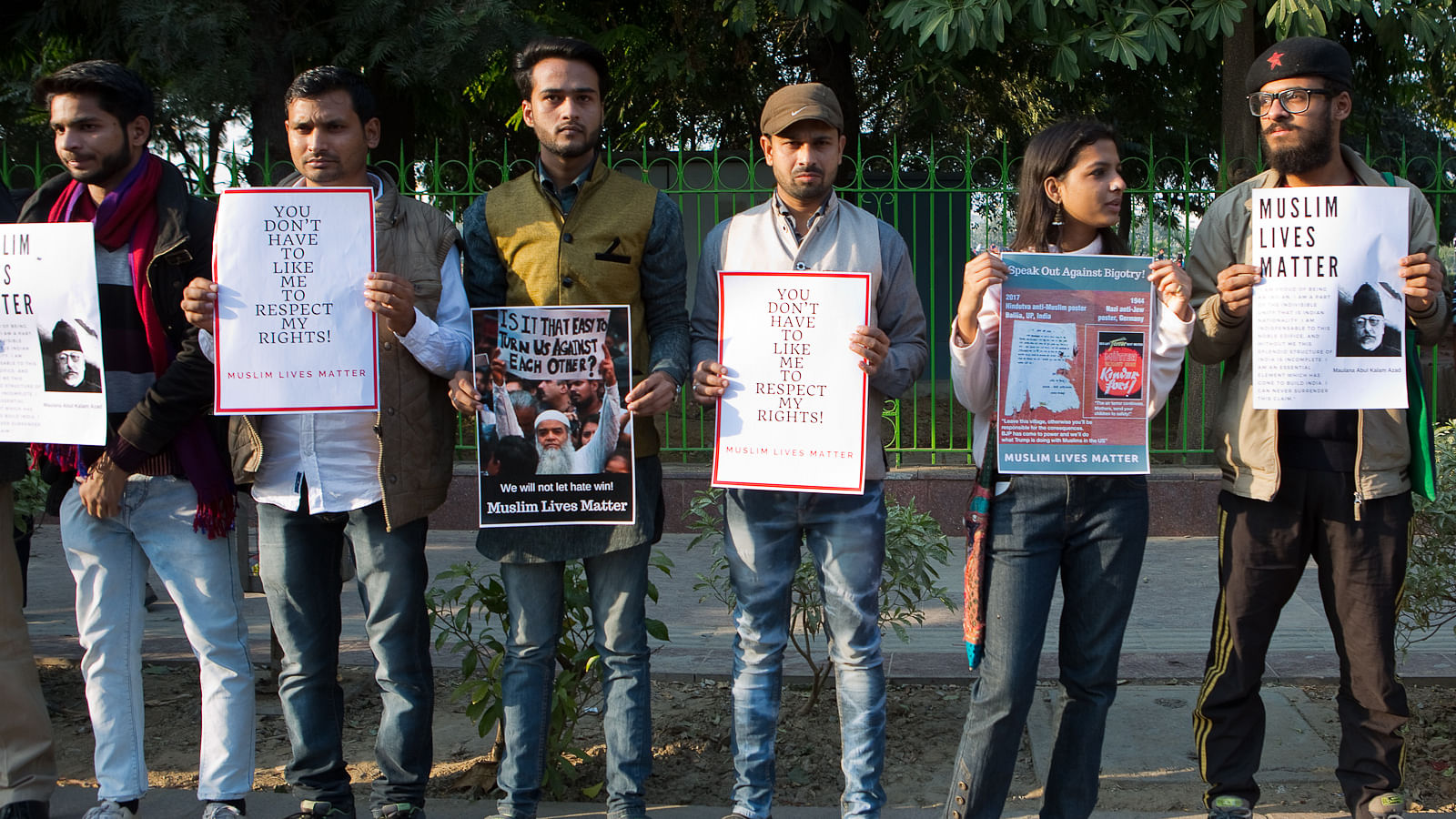 People hold placards at the Muslim Lives Matter protest in CP, New Delhi.&nbsp;