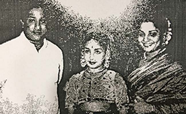 Tamil actor Shivaji Ganesan, Jayalalithaa and her mother Sandhya at her arangetram when Jayalalithaa was 12 years old.