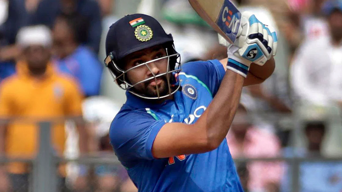 Rohit Sharma plays a shot on the leg-side.